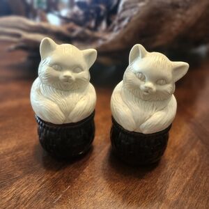 vintage Avon "Cat in a Basket" perfume bottle or cream sachet container. pair